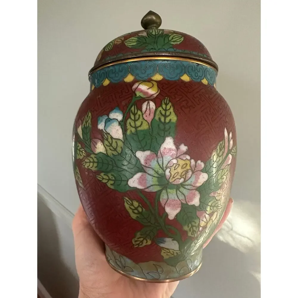 Vintage Chinese Cloisonné Enamel Ginger Jar Flowers  8” rust blue turquoise
